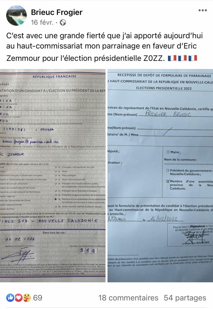 Post sur le compte Facebook de Brieuc Frogier, le 16 février 2022. (CAPTURE D'ÉCRAN)