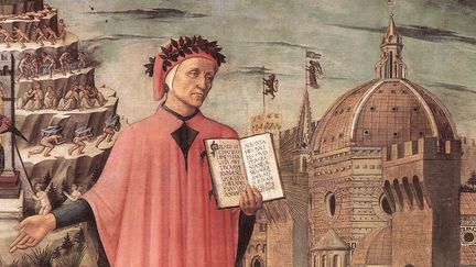 Dante, une des "trois couronnes" florentines. Détail d'un incipit de&nbsp;Domenico di Michelino. Florence, 1465 (Par Domenico di Michelino, Public Domain)