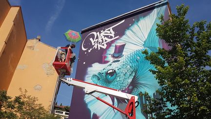 Le graffeur Kalouf termine sa fresque de 120 m² sur un mur de la Croix Rousse.
 (Mur 69 / Véronique Vilmant)