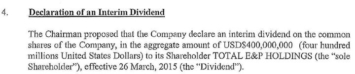 Conseil d'administration d'une filiale de Total aux Bermudes validant le versement de 400 millions de dollars de dividendes (DR)