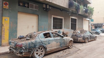 Un mois après les inondations, des centaines de voitures épaves n'ont toujours pas été enlevées des rues de la ville, le 27 novembre 2024. (ISABELLE LABEYRIE / RADIO FRANCE)