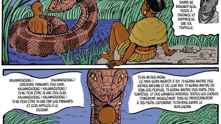 les prédictions de la féticheuse se réalisent. Alors qu’il se baigne dans la rivière, le Grand seigneur des eaux, un immense serpent, lui apparaît. Chaka suit les conseils de la vielle femme et ne s’enfuit pas. Les roseaux lui confirment alors son immense destin.
 (Jean-François Chanson/Koffi Roger N’guessan (Harmattan BD))