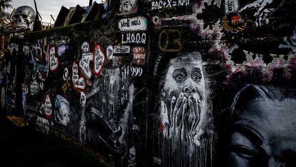 Un des murs de la Demeure du Chaos de Thierry Ehrmann sise dans le village de&nbsp;Saint-Romain-au-Mont-d'Or près de Lyon, le 25 novembre 2019. (JEAN-PHILIPPE KSIAZEK / AFP)