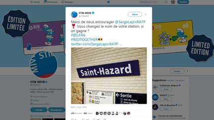 Le montage de la station Saint-Lazare, transformé avec le nom de l'attaquant belge Eden&nbsp; Hazard, réalisé par la régie de transports du métro bruxellois. (STIB-MIVB / TWITTER)