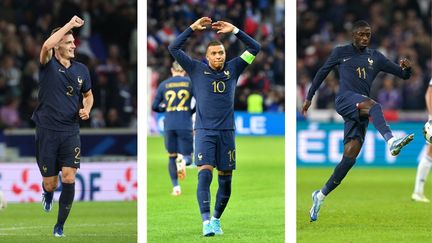 Benjamin Pavard, Kylian Mbappé et Ousmane Dembélé lors de France-Ecosse, le 17 octobre 2023. (AFP et MAXPPP)