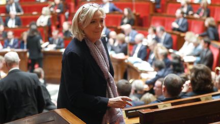 La présidente du Rassemblement national, Marine Le Pen, le 19 février 2019, à l'Assemblée nationale à Paris. (JACQUES DEMARTHON / AFP)