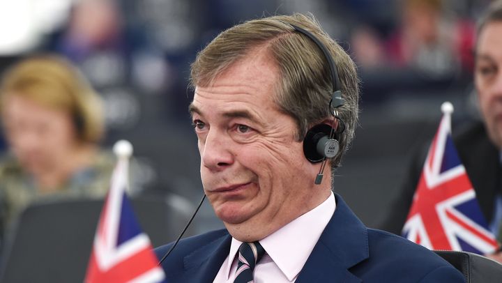 L'eurodéputé du Brexit Party Nigel Farage, lors d'un débat au Parlement à Strasbourg (Bas-Rhin), le 27 mars 2019. (FREDERICK FLORIN / AFP)
