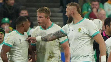 Damian WIillemse, Pieter-Steph du Toit et Rg Snyman avec l'Afrique du Sud lors de la Coupe du monde de rugby, le 23 septembre 2023 (LAURENT LAIRYS / AFP)