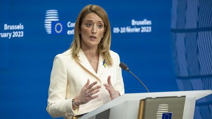 La présidente du Parlement européen Roberta Metsola, le 9 février 2023, à Bruxelles (Belgique). (NICOLAS ECONOMOU / NURPHOTO / AFP)