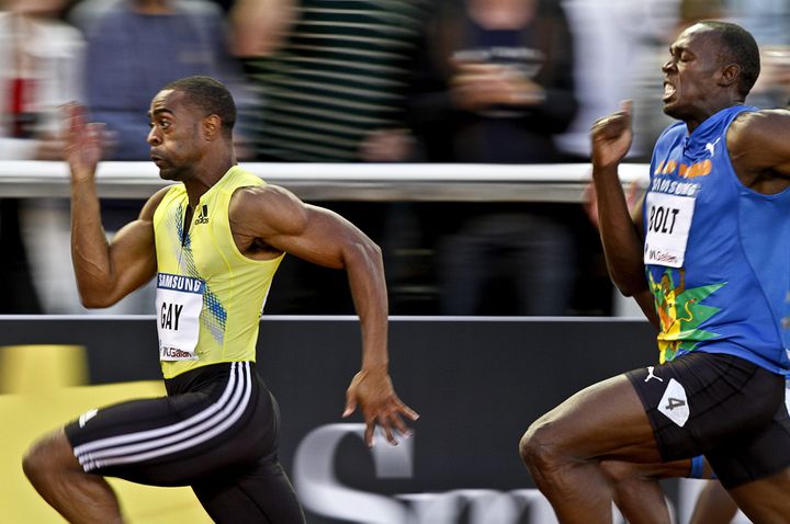 Tyson Gay prend le dessus sur Usain Bolt, le 6 août 2010, à Stockholm (Suède).&nbsp; (NIKLAS LARSSON / SCANPIX SWEDEN / AFP)