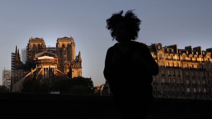 Une joggeuse contemple l'échafaudage qui recouvre désormais ce qui reste de la toiture de Notre-Dame de Paris, le 14 avril 2020. (THOMAS COEX / AFP)