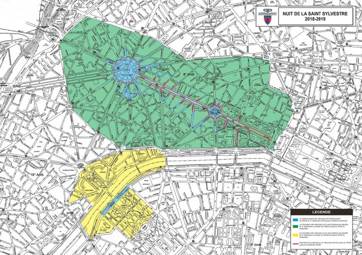 Plan du dispositif de sécurité prévu par la préfecture de police de Paris pour la nuit de la Saint-Sylverstre 2018-2019. (PREFECTURE DE POLICE DE PARIS)