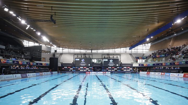 Le Centre aquatique olympique (CAO) de Saint-Denis accueille la deuxième étape de la Coupe du monde de natation artistique le 3 mai 2024. (MAXPPP)