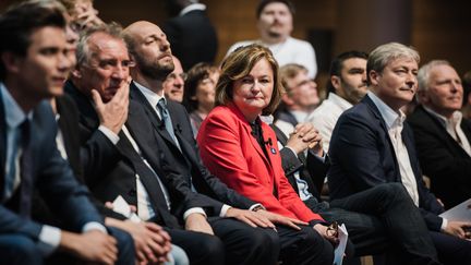 François Bayrou, Stanislas Guérini et Nathalie Loiseau lors du dernier meeting de la liste de LREM pour les européennes, à la Maison de la Mutualité à Paris, le 24 mai 2019.&nbsp; (KARINE PIERRE / HANS LUCAS)