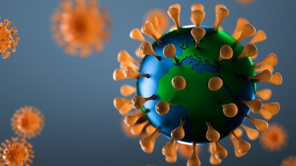 Le globe terrestre en trois dimensions, décoré comme un coronavirus. Pour la première fois dans l'Histoire, la santé a prévalu sur l'activité économique mondiale. (Illustration) (DOWELL / MOMENT RF / GETTY IMAGES)