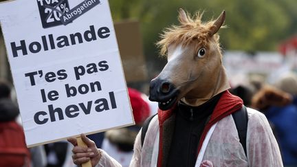 Un manifestant d&eacute;filant dans les rues de Paris &nbsp;contre la hausse de la TVA pour les centres &eacute;questres, le 24 novembre 2013. (THOMAS SAMSON / AFP)