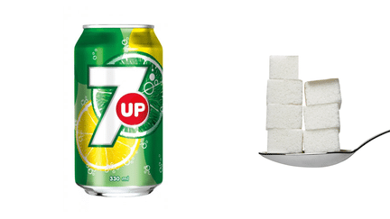 Une canette de 33 cl de 7up contient 34,3 g de sucre, soit 6,9 morceaux. ( DR )