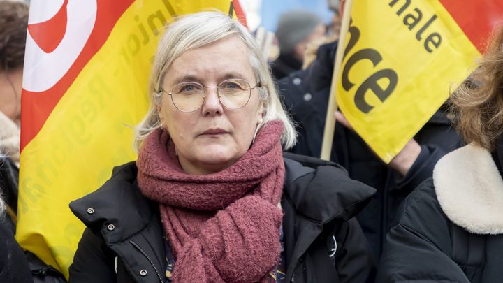 Marie Buisson, dans une manifestation contre la réforme des retraites, le 16 février 2023 à Paris. (VINCENT ISORE / MAXPPP)