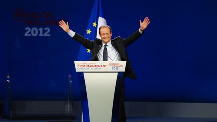 Le candidat socialiste &agrave; la pr&eacute;sidentielle, Fran&ccedil;ois Hollande, lors de son meeting au Bourget (Seine-Saint-Denis), le 22 janvier 2012. (CITIZENSIDE.COM / AFP)