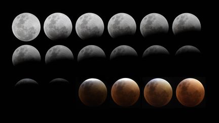 Cette image, qui compile 18 photos de la lune prises &agrave; Buenos Aires (Argentine), permet de comprendre le ph&eacute;nom&egrave;ne. On comprend que c'est &agrave; la soprtie de l'&eacute;clipse totale de la Lune que les rayons rouges, d&eacute;vi&eacute;s par l'atmosph&egrave;re de la terre, sont venus se refl&eacute;ter sur l'astre lunaire. (JUAN MABROMATA / AFP)