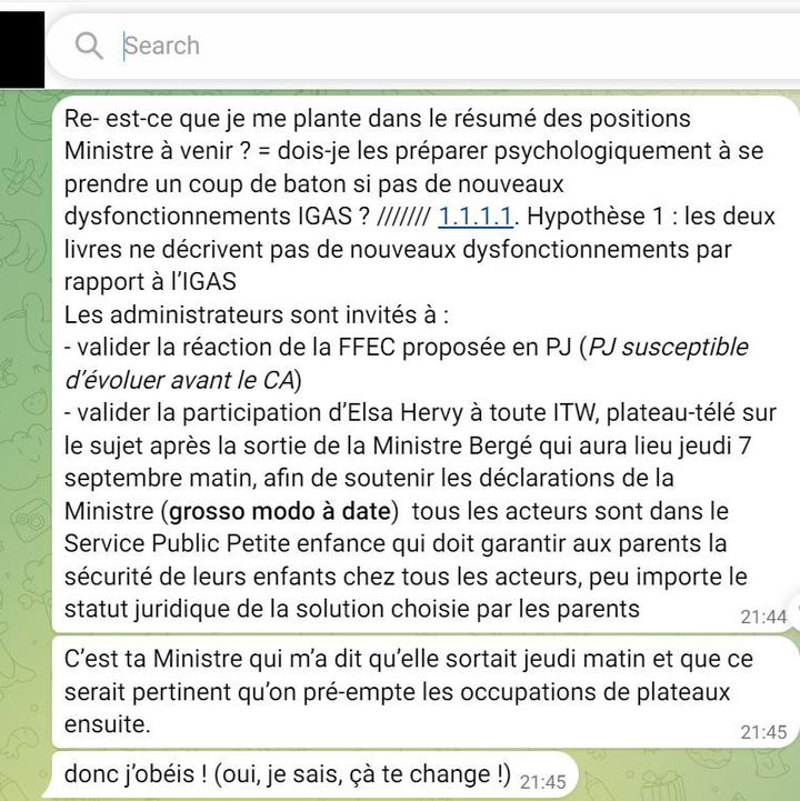 Victor Castanet, author of the book Les Ogres confirms, with supporting documents, "the agreement" between Aurore Bergé, member of Ensemble pour la République, and Elsa Hervy, general delegate of the French Federation of nursery companies, for "smother the fire and spare each other" on private daycare centers. (WHATSAPP SCREENSHOT / VICTOR CASTANET / FRANCEINFO)