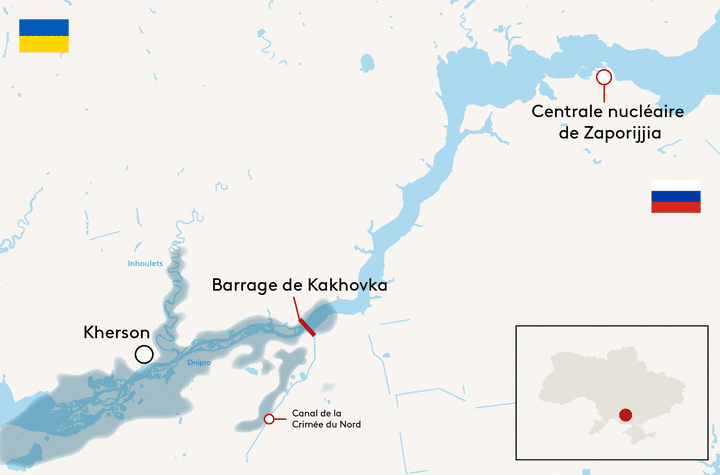 La zone potentiellement inondable après la destruction du barrage de Kakhovka, en territoire ukrainien occupé par les forces russes. (HELOÏSE KROB / FRANCEINFO)