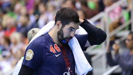 Nikola Karabatic lors du Trophée des Champions de handball, entre le Paris-Saint-Germain et Saint-Raphaël, à Montbéliard,&nbsp;le 1er septembre 2018. (JEAN-FRANÇOIS FREY / MAXPPP)