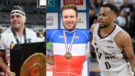 Guilhem Guirado (Montpellier) avec le Bouclier de Brennus, le nouveau champion de France de cyclisme Florian Senechal (Quick-Step Alpha Vinyl) et le joueur de l'Asvel Elie Okobo. (AFP / JEAN CATUFFE ; AFP / DAMIEN MEYER ; AFP / JEAN-PHILIPPE KSIAZEK)