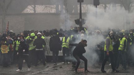 Des manifestants font face aux forces de l'ordre à Paris, le 19 janvier 2019. (VALERY HACHE / AFP)