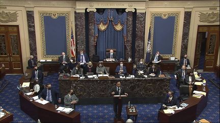 Joaquin Castro, l'un des élus démocrates chargés de porter l'accusation au procès en destitution de Donald Trump, devant le Sénat, au Capitole, à Washington, le 10 février 2021. (AP / SIPA)