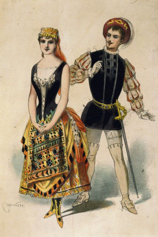 Monsieur Ibos en Duke of Mantua et Mademoiselle Richard en Madeleine, dans l'opera Rigoletto de Giuseppe Verdi (dessin de production pour les costumes),
 (Gianni Dagli Orti / The Art Archive / The Picture Desk)