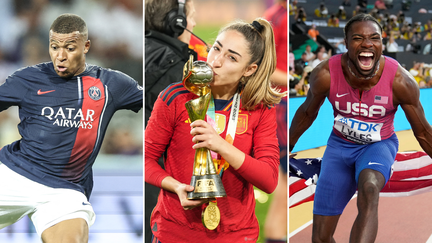 Kylian Mbappé a rejoué avec le PSG, Olga Carmona et l'Espagne vainqueur de la Coupe du monde, et Noah Lyles champion du monde du 100 mètres, à la Une du récap sport du week-end du 19 et 20 août 2023 (AFP / AP)