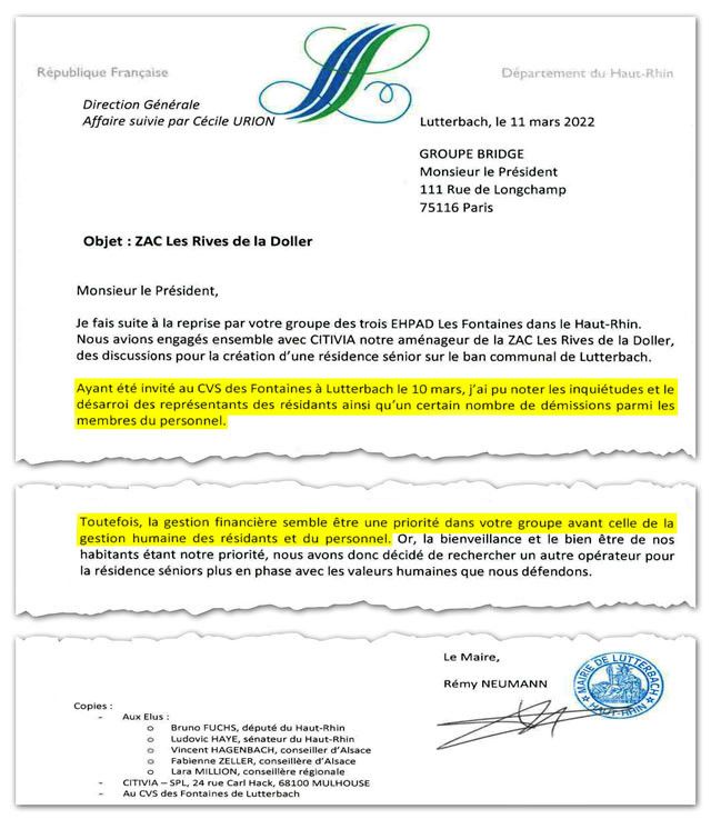 Lettre du maire de Lutterbach à la direction du groupe Bridge, mettant le groupe en garde contre ses mauvaises pratiques. (GERALDINE HALLOT / CELLULE INVESTIGATION DE RADIO FRANCE)