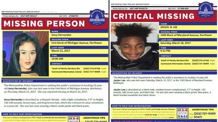 Avis de recherche diffusés par la police de Washington DC (Etats-Unis), sur la disparition de jeunes adolescentes, lundi 27 mars 2017. (WASHINGTON DC METROPOLITAN POLIC)