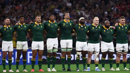 L'équipe d'Afrique du Sud aligné lors de son match contre les Tonga, le 1er octobre 2023. (ANNE-CHRISTINE POUJOULAT / AFP)