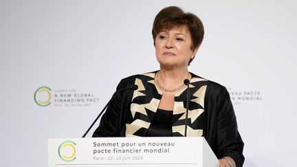 Kristalina Georgieva, directrice générale du  Fond monétaire international (FMI) au Sommet pour un nouveau pacte financier mondial pour le climat, à Paris le 23 juin 2023. (LEWIS JOLY / POOL / AP POOL)