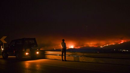 Un homme regarde l'incendie depuis une route à&nbsp;Ansião, dans le centre du Portugal, le 18 juin 2017. (PATRICIA DE MELO MOREIRA / AFP)