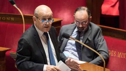 Le ministre des Affaires étrangères, Jean-Yves Le Drian, le 24 mars 2020 à l'Assemblée nationale. (JACQUES WITT / AFP)