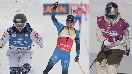 Perrine Laffont (ski de bosses), Quentin Fillon Maillet (biathlon) et Tess Ledeux (big air et slopestyle) figurent parmi les fortes chances françaises à l'occasion des Jeux olympiques de Pékin, du 4 au 21 février 2022. (AFP / MONTAGE FRANCEINFO: SPORT)