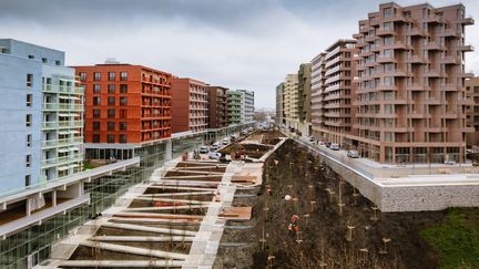 Une grande allée séparent les rangées d'immeubles. Au centre, un grand escalier ainsi qu'un chemin incliné accessible pour les personnes à mobilité réduite, permettent de rejoindre les berges de Seine. Du mobilier au design actif (pour pratiquer du sport), de la végétation ainsi que des oeuvres d'art habillent cette allée. (©SOLIDEO – Dronepress)