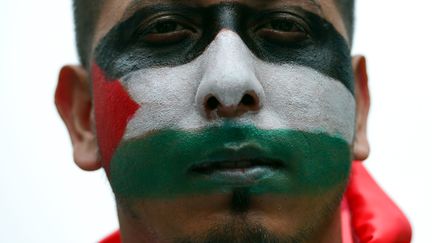 Un manifestant britannique avec le drapeau palestinien peint sur le visage. (CARL COURT / AFP)