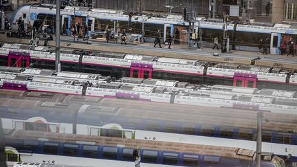 Des trains à la gare Saint-Lazare à Paris, le 14 janvier 2020. (SEBASTIEN CALVET/REA / REA)