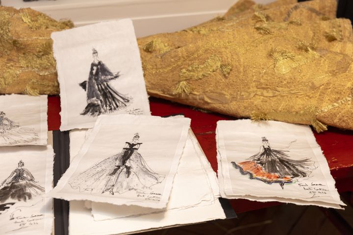 Des croquis de la collection haute couture Franck Sorbier dans son atelier parisien, janvier 2024. (LAURENT-STEPHANE MONTFORT)