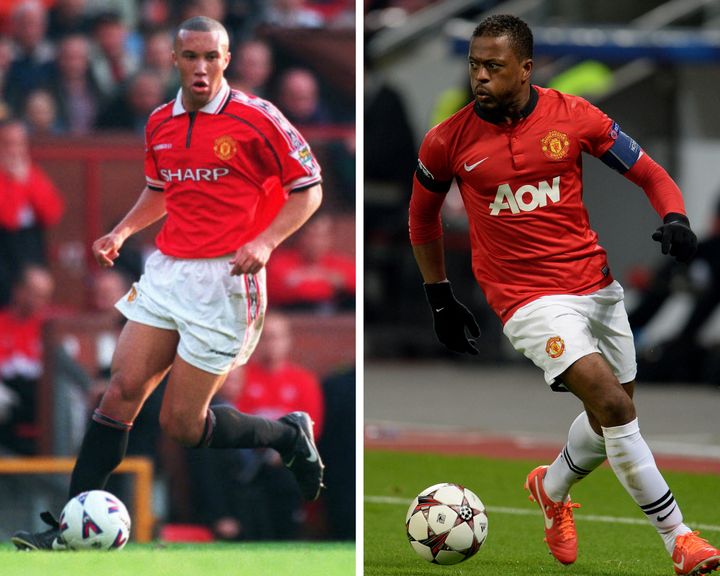 Mikaël Silvestre and Patrice Evra are the two most capped Frenchmen among the Red Devils, with 361 games played for Silvestre and 379 for Evra.  (MARK LILEY (SIPA) / PATRIK STOLLARZ (AFP))