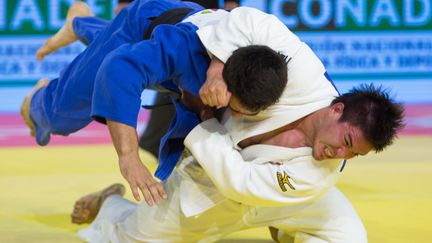 Un combat entre le judoka russe&nbsp;Khusen Khalmursaev et le japonais&nbsp;Mashu Baker lors de la Coupe du monde de judo au Mexique, le 29 mai 2016. (CRISTIAN DE MARCHENA / REUTERS)