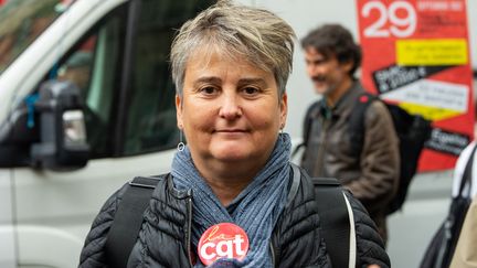 Céline Verzeletti, secrétaire confédérale de la CGT, lors de la journée interprofessionnelle de grève, à Paris, le 29 septembre 2022. (RICCARDO MILANI / HANS LUCAS)