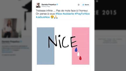 Une utilisatrice de Twitter&nbsp;publie un message en hommage aux victimes de l'attaque au camion de Nice (Alpes-Maritimes), le 15 juillet 2016. (TWITTER)