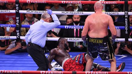 Deontay Wilder est le premier à se retrouver au sol, mais l'Américain n'a pas abdiqué.&nbsp; (ROBYN BECK / AFP)