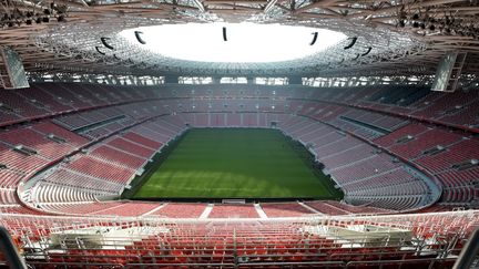 La Ferenc Puskas Arena de Budapest et ses 68 000 places, où aura lieu Hongrie - Portugal, mardi 15 juin, avec une jauge pleine, une première depuis mars 2020 et le début de la pandémie du Covid-19. (ATTILA KISBENEDEK / AFP)