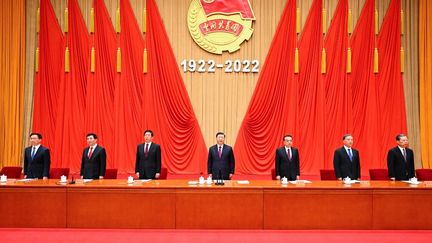 Xi Jinping et d'autres dirigeants chinois au 100e anniversaire de la création de la Ligue de la jeunesse communiste chinoise, le 10 mai 2022. (LI XUEREN / XINHUA)